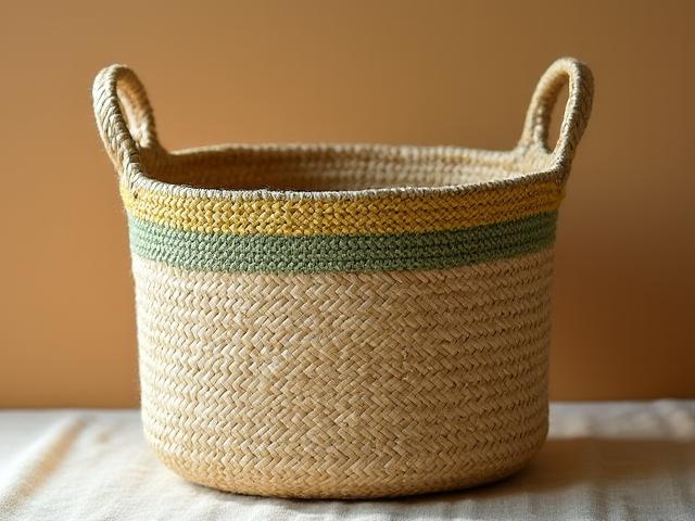 자연 섬유를 엮어 만든, 초록색과 노란색 장식이 있는 보관용 바구니