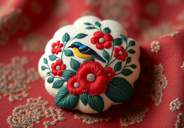 작은 새 와 붉은 꽃이 수놓아진 전통 매듭 액세서리