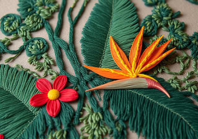 열대우림 식물 모티브의 섬세한 핸드 자수 벽걸이