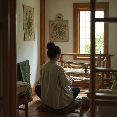 햇볕이 잘 드는 아틀리에에서 직물을 짜고 있는 장인의 뒷모습.