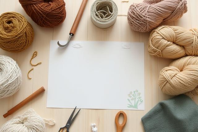 공예 재료 배치. 하늘실 워크숍에 사용되는 다양한 색상의 친환경 실타래와 바늘, 도구들.