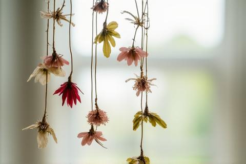 이전 워크숍. 수강생들이 만든, 말린 꽃과 나뭇잎으로 장식된 행잉 모빌.
