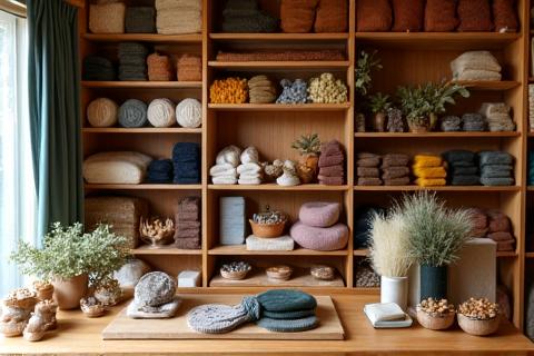 하늘실 매장 내부의 목재와 직물로 꾸며진 아늑하고 따뜻한 모습